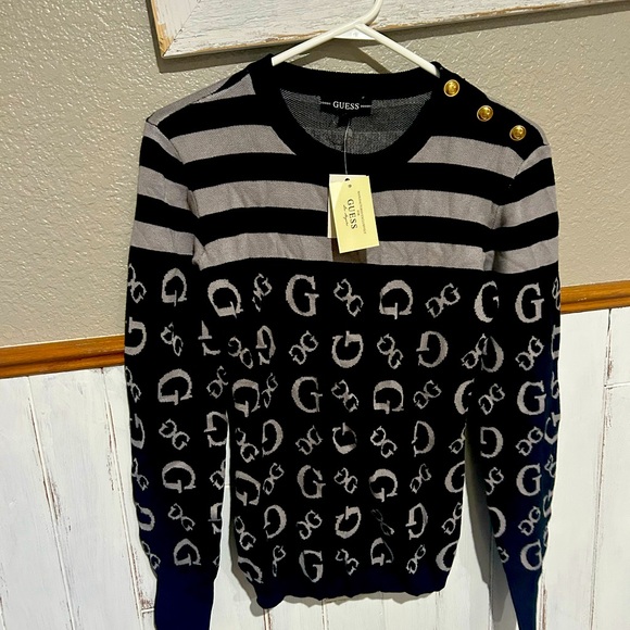 GUESS Black and Gray Patterned Crewneck Sweater - Picture 1 of 3